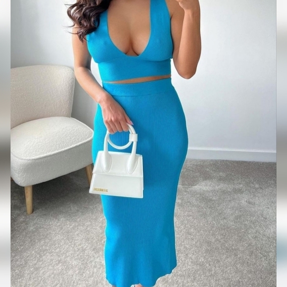 ZARA Ribbed Knit High-waist Midi Skirt w/ Elastic Waistband BackVent.Aqua Blue.M - Picture 8 of 16